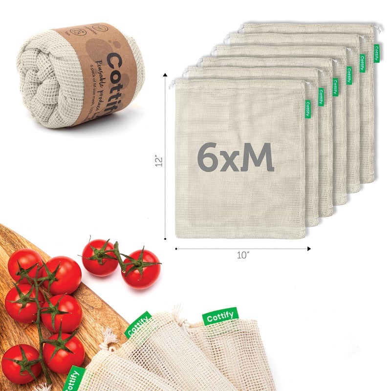 Cottify 6 Reusable Produce Bags Grocery Washable | Organic Cotton Mesh Produce Bags | Double-Stitched & Tare Weigh | Mesh bags for vegetables | Cotton Produce Bags Reusable Washable | Produce bag (M size) - Image 2